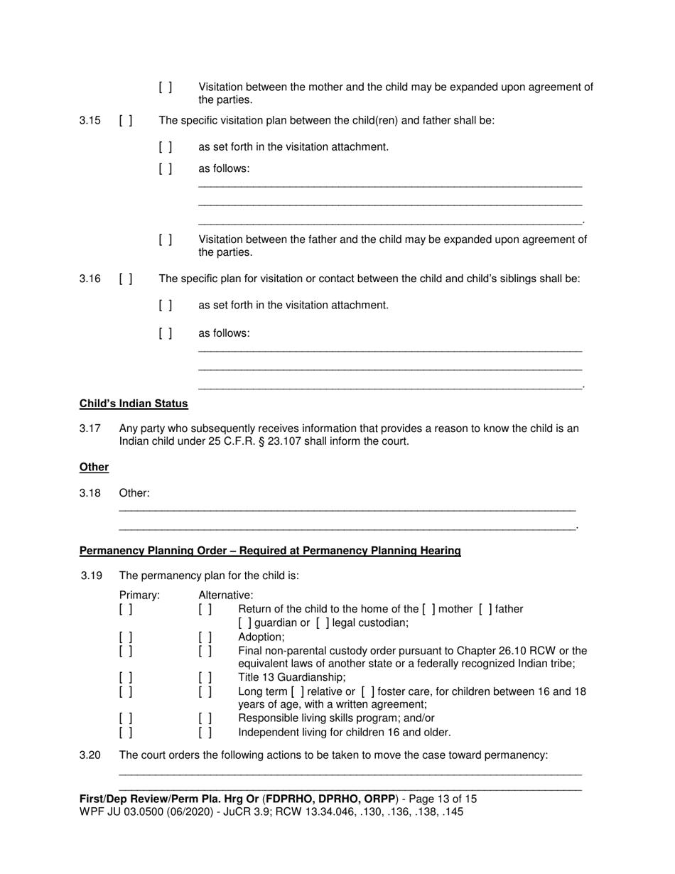 Form JU03.0500 Order After Hearing: First Dependency Review / Dependency Review / Permanency Planning - Washington, Page 13