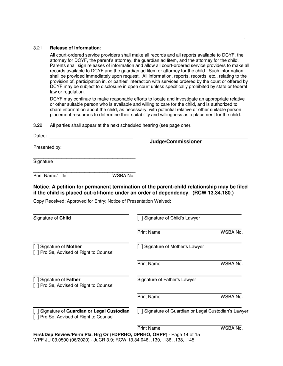 Form JU03.0500 Order After Hearing: First Dependency Review / Dependency Review / Permanency Planning - Washington, Page 14