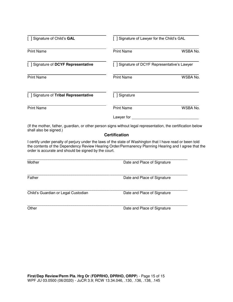 Form JU03.0500 Order After Hearing: First Dependency Review / Dependency Review / Permanency Planning - Washington, Page 15
