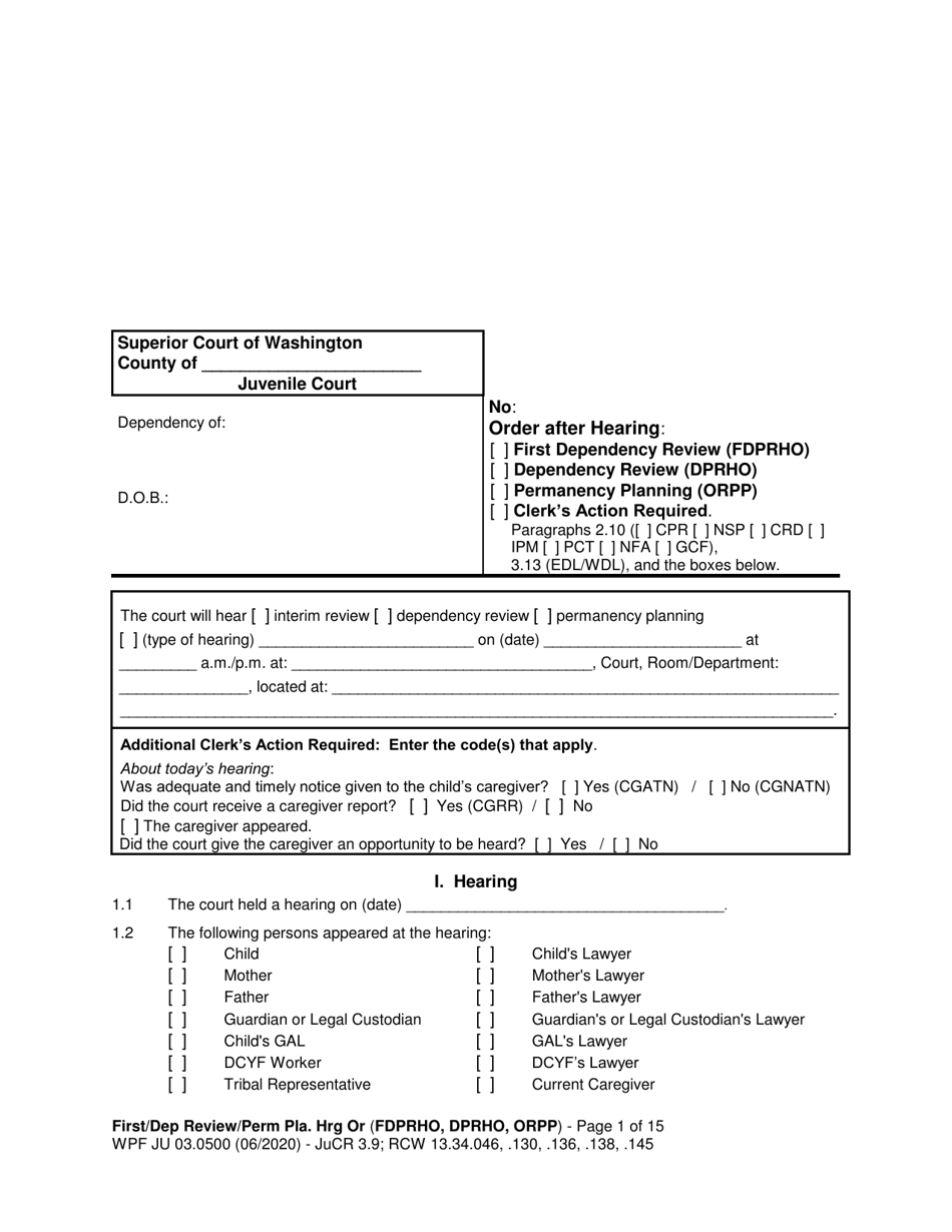 Form JU03.0500 Order After Hearing: First Dependency Review / Dependency Review / Permanency Planning - Washington, Page 1