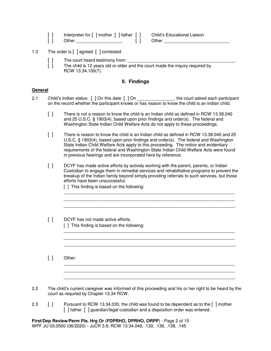 Form JU03.0500 Order After Hearing: First Dependency Review / Dependency Review / Permanency Planning - Washington, Page 2