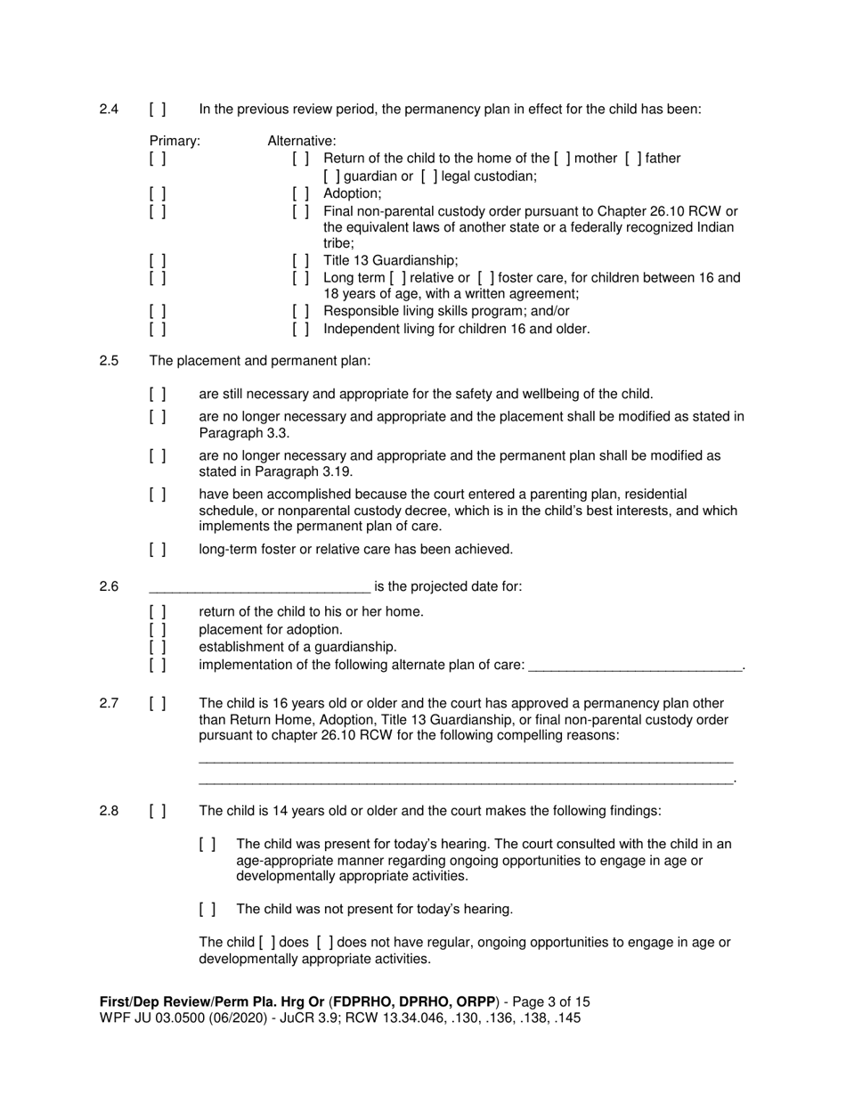 Form JU03.0500 Order After Hearing: First Dependency Review / Dependency Review / Permanency Planning - Washington, Page 3
