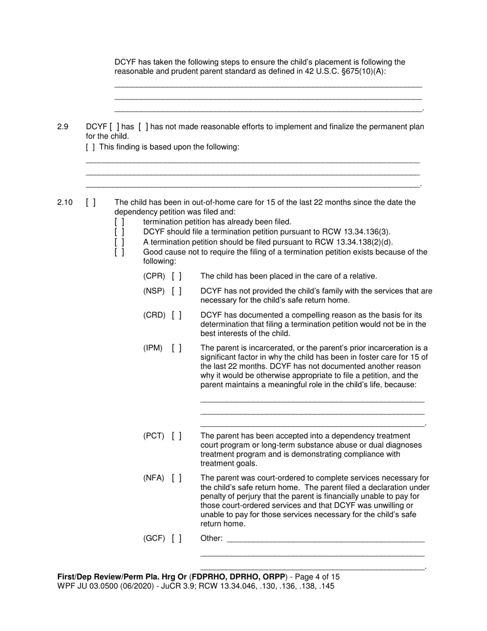 Form JU03.0500 Order After Hearing: First Dependency Review / Dependency Review / Permanency Planning - Washington, Page 4