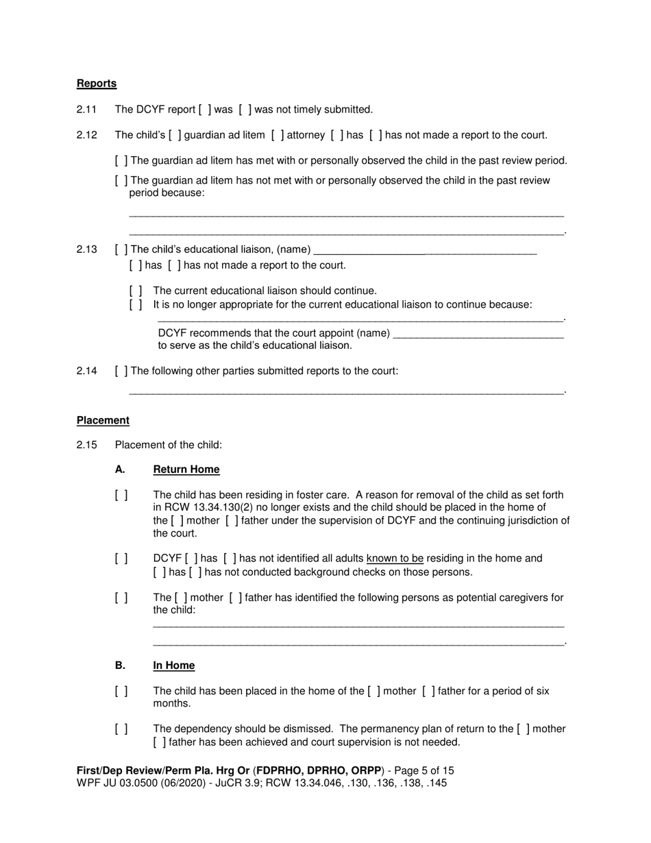 Form JU03.0500 Order After Hearing: First Dependency Review / Dependency Review / Permanency Planning - Washington, Page 5