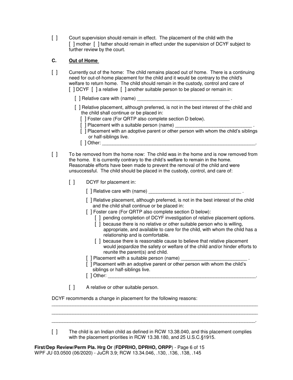 Form JU03.0500 Order After Hearing: First Dependency Review / Dependency Review / Permanency Planning - Washington, Page 6