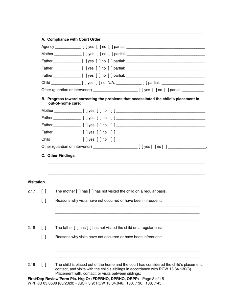 Form JU03.0500 Order After Hearing: First Dependency Review / Dependency Review / Permanency Planning - Washington, Page 8