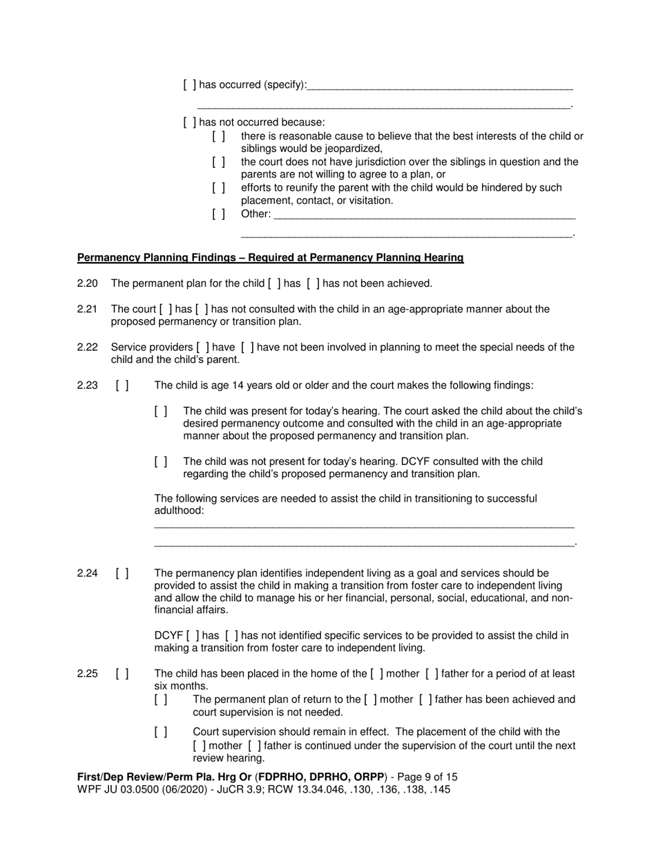 Form JU03.0500 Order After Hearing: First Dependency Review / Dependency Review / Permanency Planning - Washington, Page 9