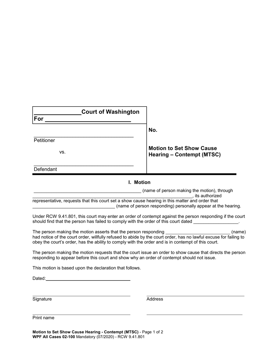 Form WPF All Cases02-100 Motion to Set Show Cause Hearing - Contempt (Mtsc) - Washington, Page 1