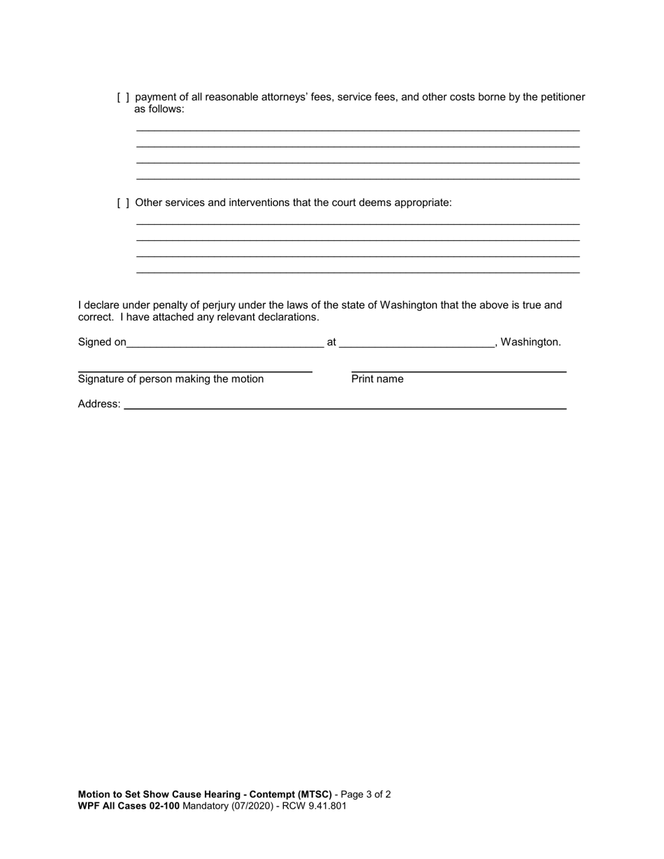 Form WPF All Cases02-100 Motion to Set Show Cause Hearing - Contempt (Mtsc) - Washington, Page 3
