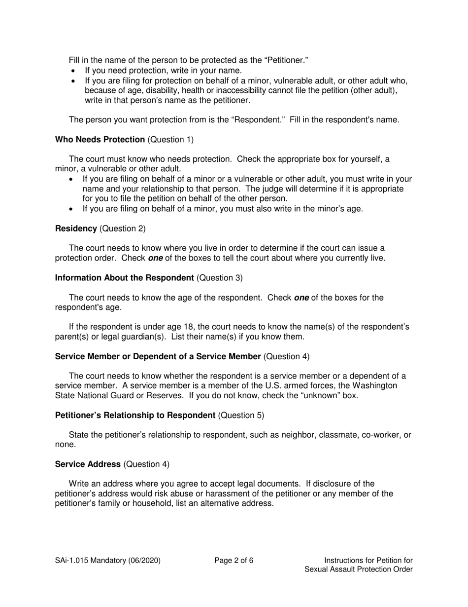 Instructions for Form SA1.015 Petition for Sexual Assault Protection Order (Ptorsxp) - Washington, Page 2