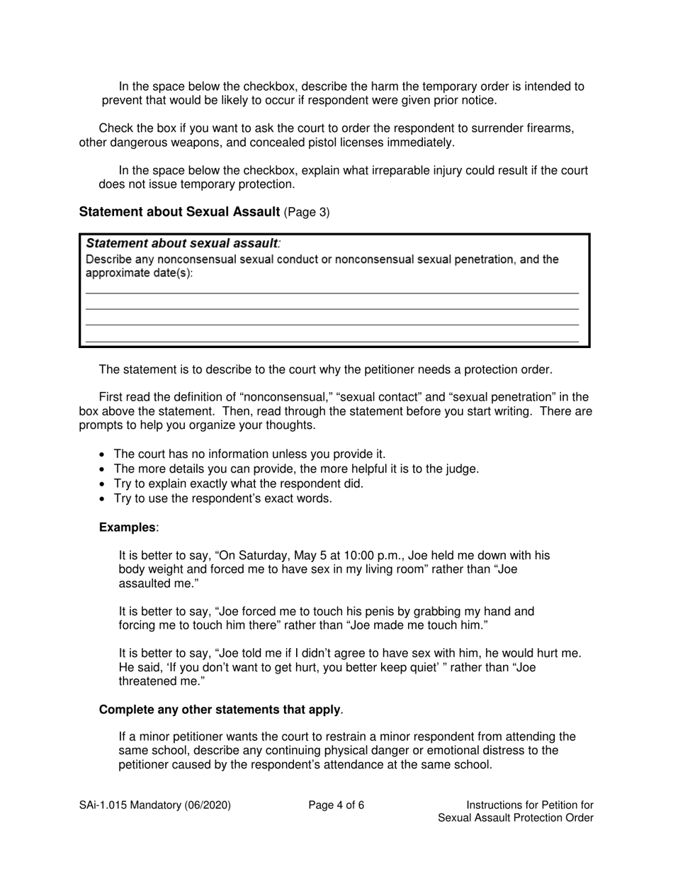 Instructions for Form SA1.015 Petition for Sexual Assault Protection Order (Ptorsxp) - Washington, Page 4