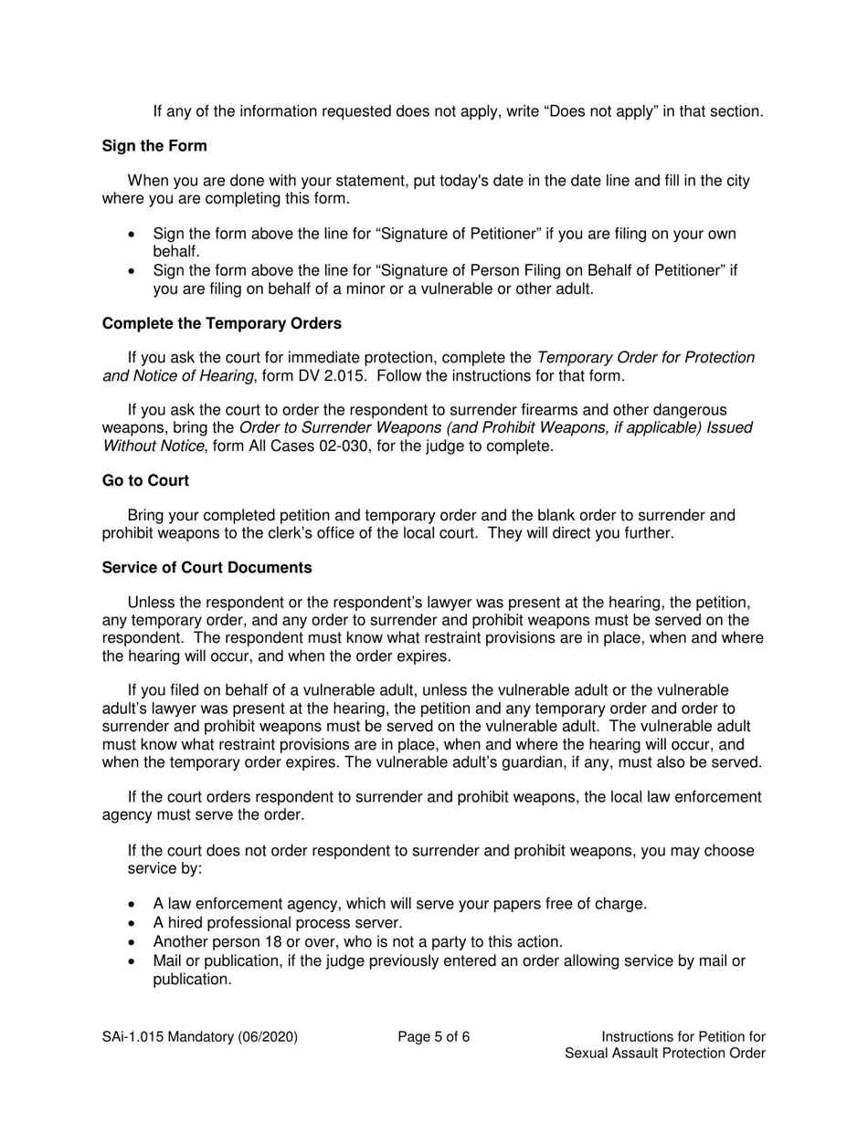 Instructions for Form SA1.015 Petition for Sexual Assault Protection Order (Ptorsxp) - Washington, Page 5