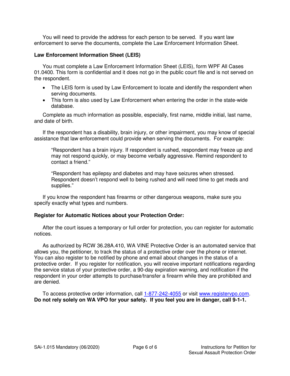 Instructions for Form SA1.015 Petition for Sexual Assault Protection Order (Ptorsxp) - Washington, Page 6