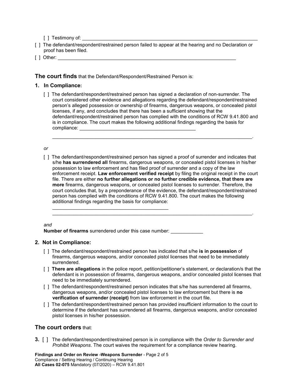 Form All Cases02.075 Findings and Order on Review: Weapons Surrender Compliance - Washington, Page 2
