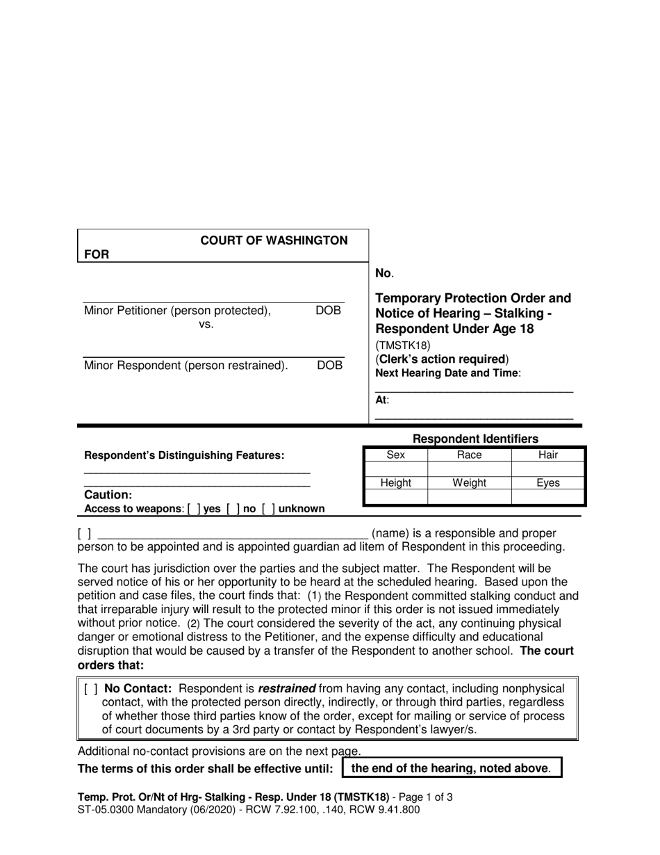 Form ST05-0300 Temporary Protection Order and Notice of Hearing - Respondent Under Age 18 - Stalking (Tmstk18) - Washington, Page 1