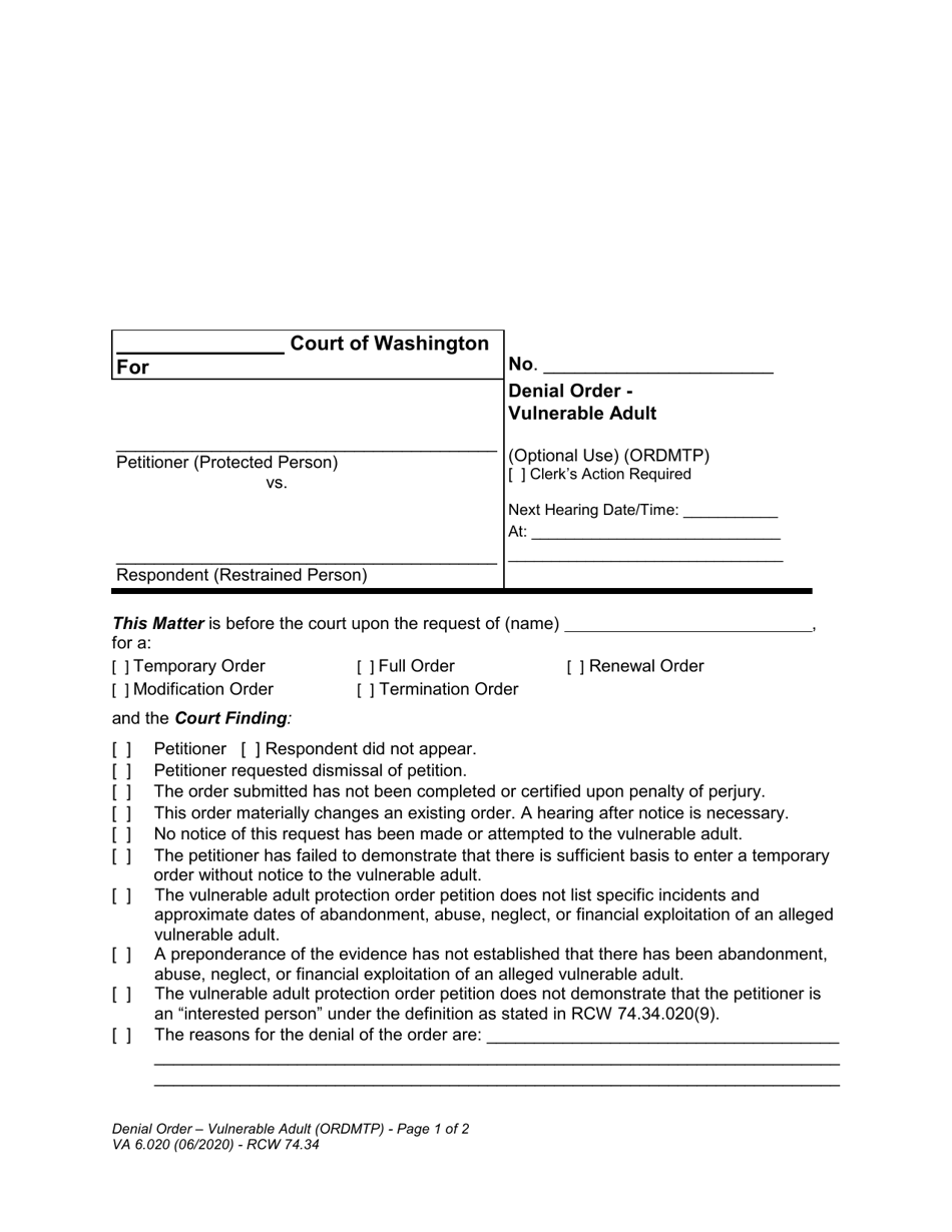 Form VA6.020 Denial Order - Vulnerable Adult - Washington, Page 1