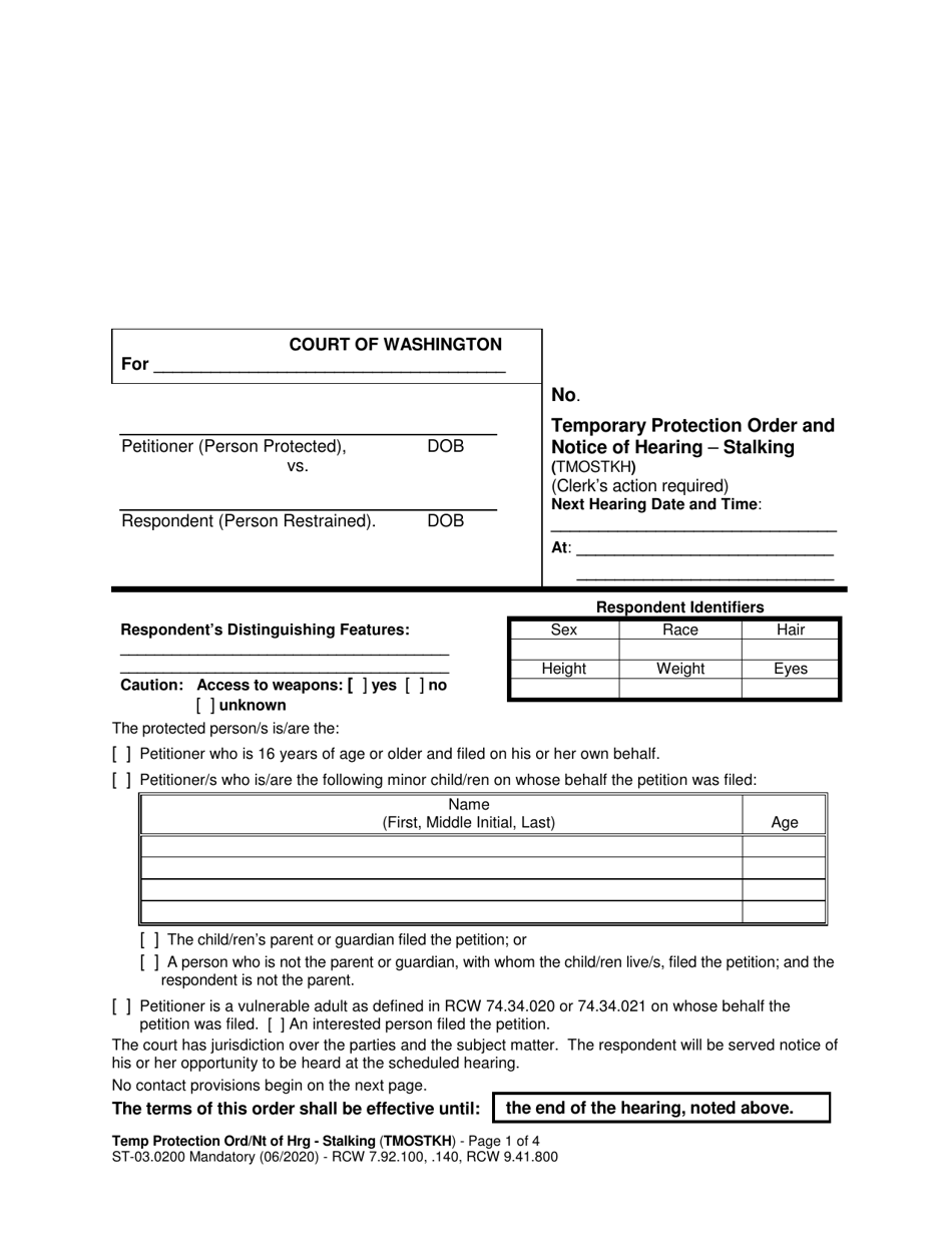 Form ST03.0200 Temporary Protection Order and Notice of Hearing - Stalking (Tmostkh) - Washington, Page 1