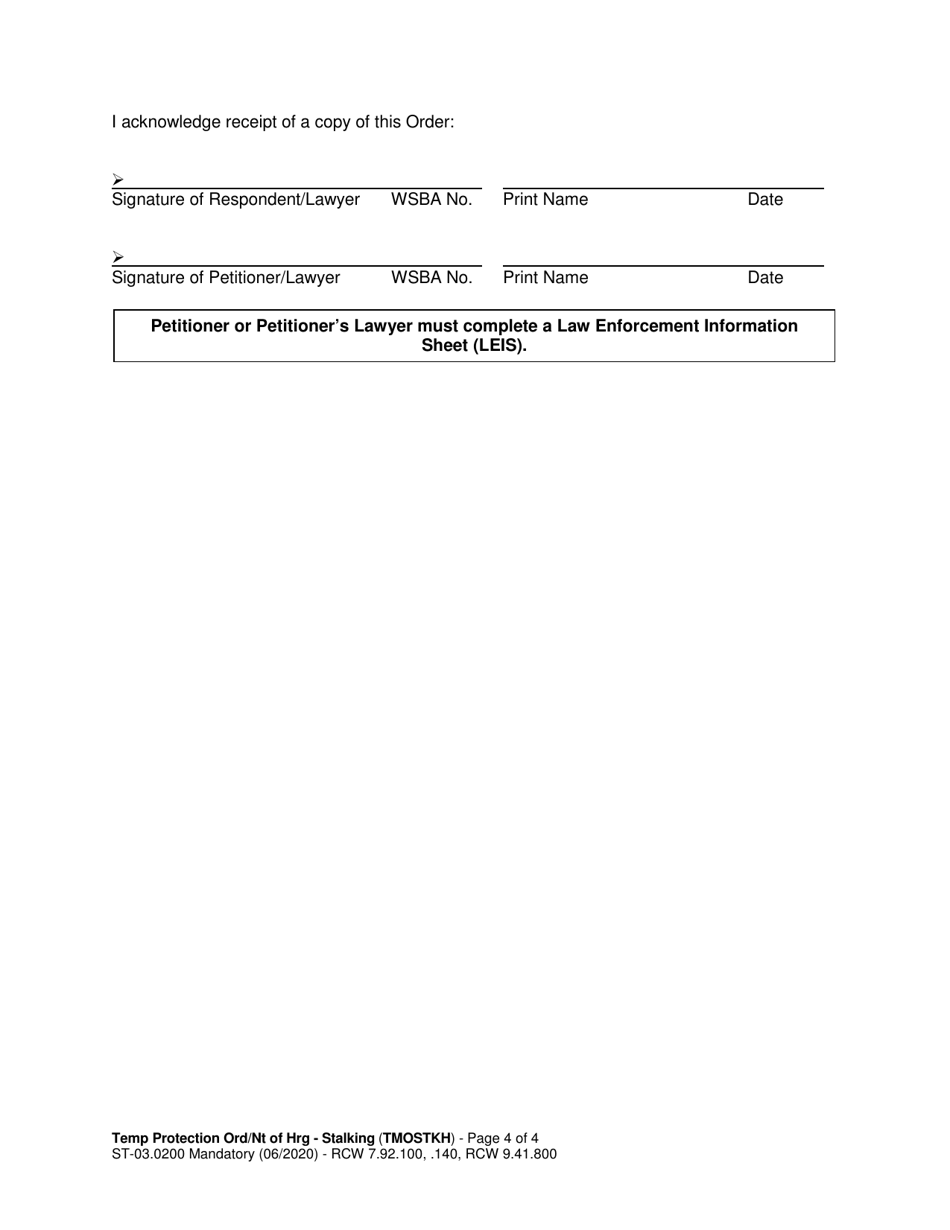 Form ST03.0200 Temporary Protection Order and Notice of Hearing - Stalking (Tmostkh) - Washington, Page 4