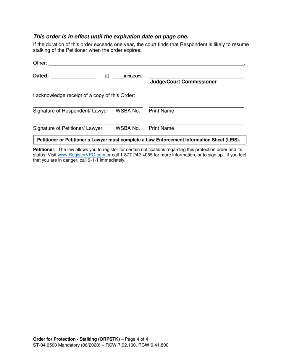 Form ST04-0500 Order for Protection - Stalking (Orpstk) - Washington, Page 4