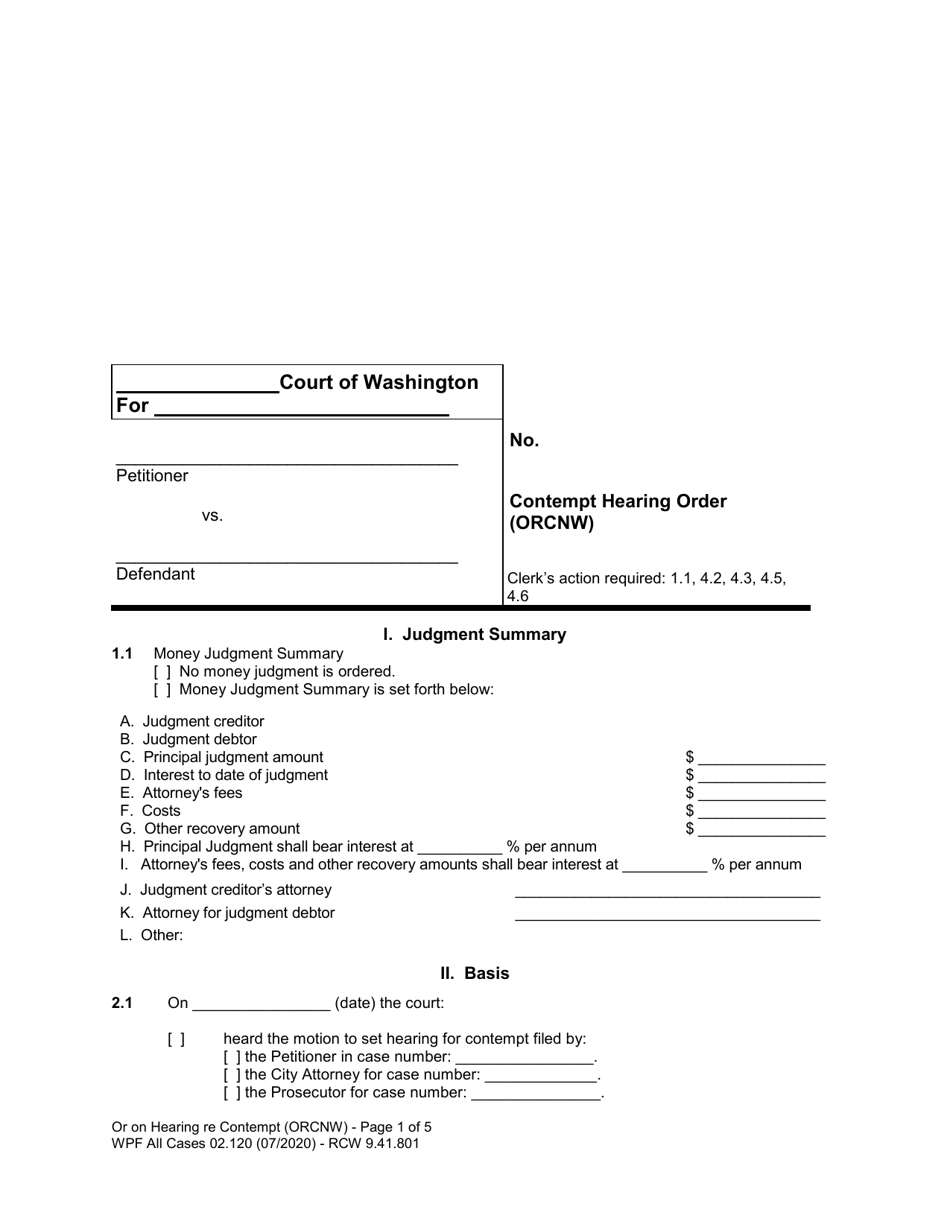 Form WPF All Cases02.120 Contempt Hearing Order (Orcnw) - Washington, Page 1