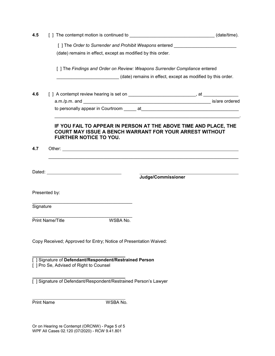 Form WPF All Cases02.120 Contempt Hearing Order (Orcnw) - Washington, Page 5