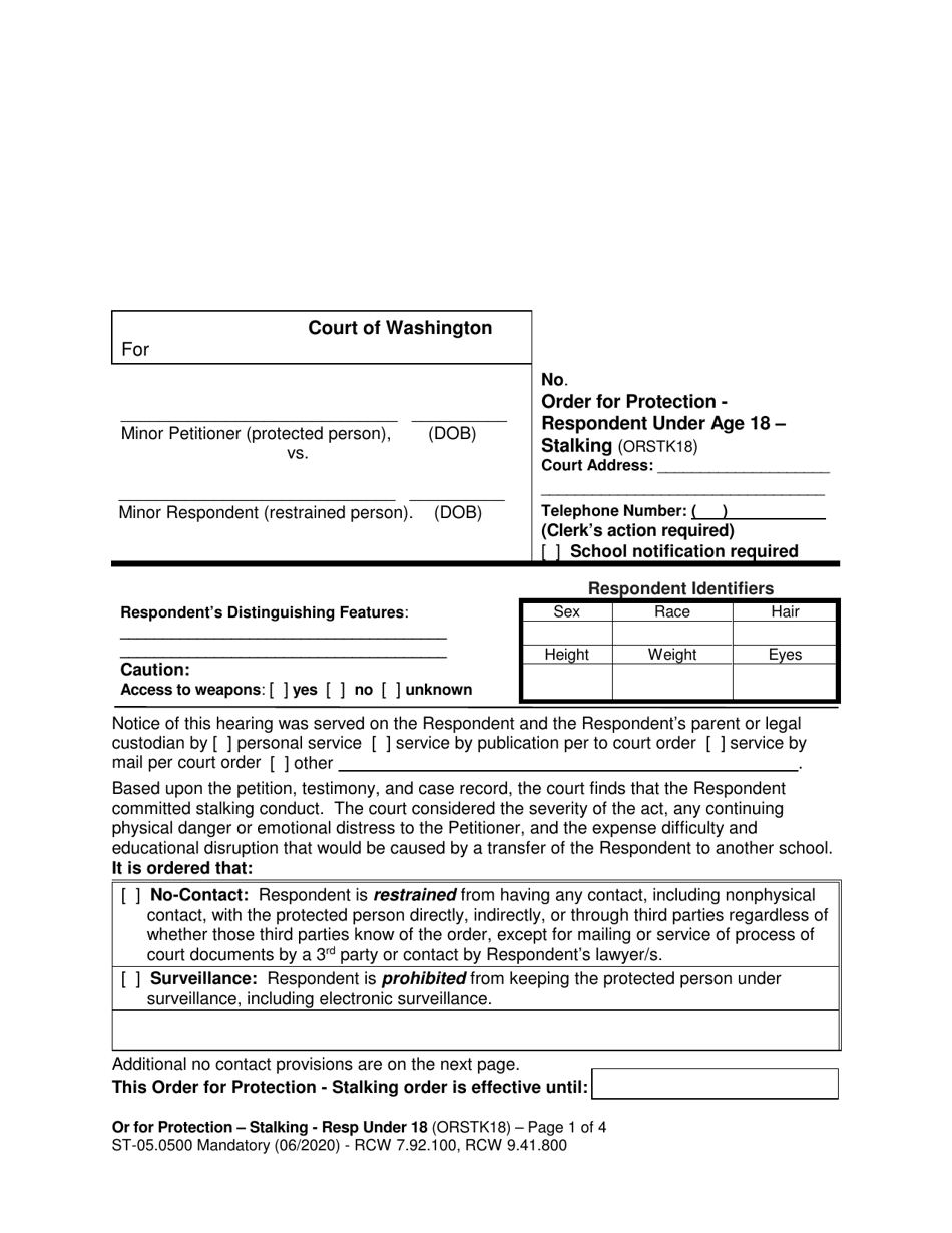Form ST05.0500 Order for Protection - Respondent Under Age 18 - Stalking (Orstk18) - Washington, Page 1
