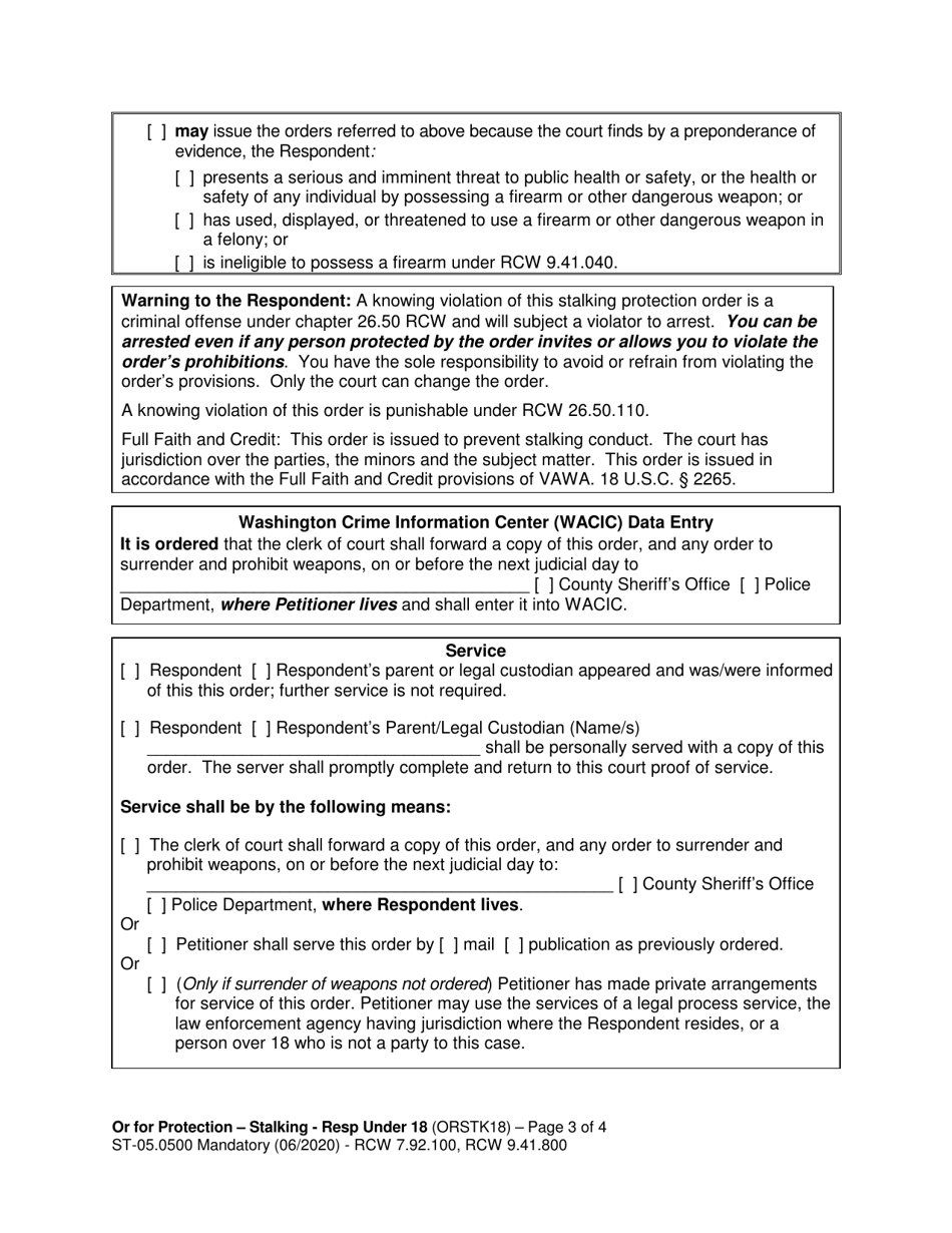 Form ST05.0500 Order for Protection - Respondent Under Age 18 - Stalking (Orstk18) - Washington, Page 3