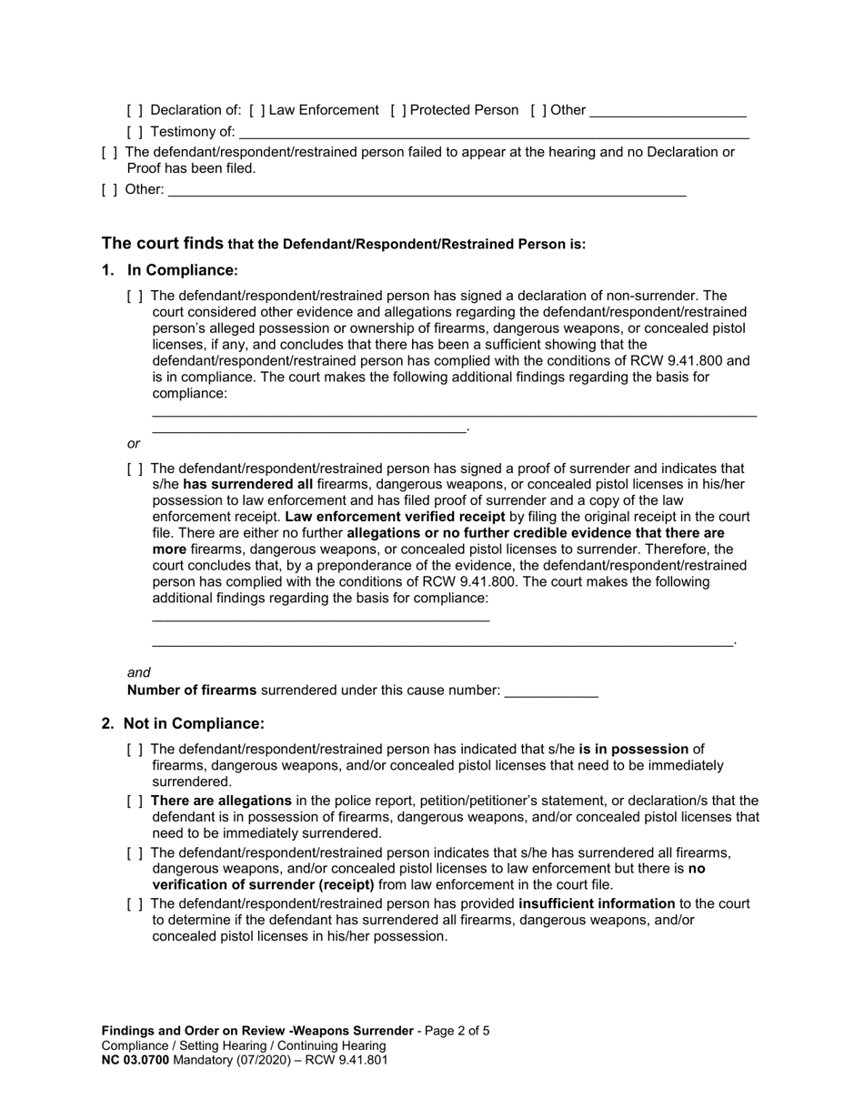 Form NC03.0700 Findings and Order on Review: Weapons Surrender Compliance - Washington, Page 2