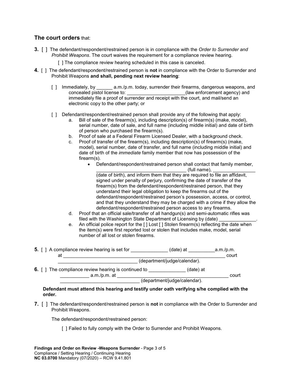 Form NC03.0700 Findings and Order on Review: Weapons Surrender Compliance - Washington, Page 3