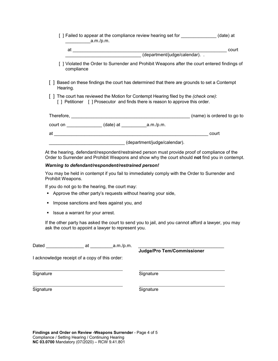 Form NC03.0700 Findings and Order on Review: Weapons Surrender Compliance - Washington, Page 4