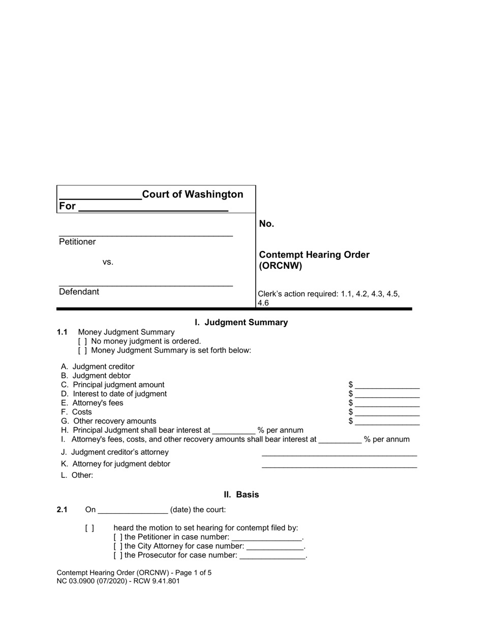 Form NC03.0900 Contempt Hearing Order (Orcnw) - Washington, Page 1