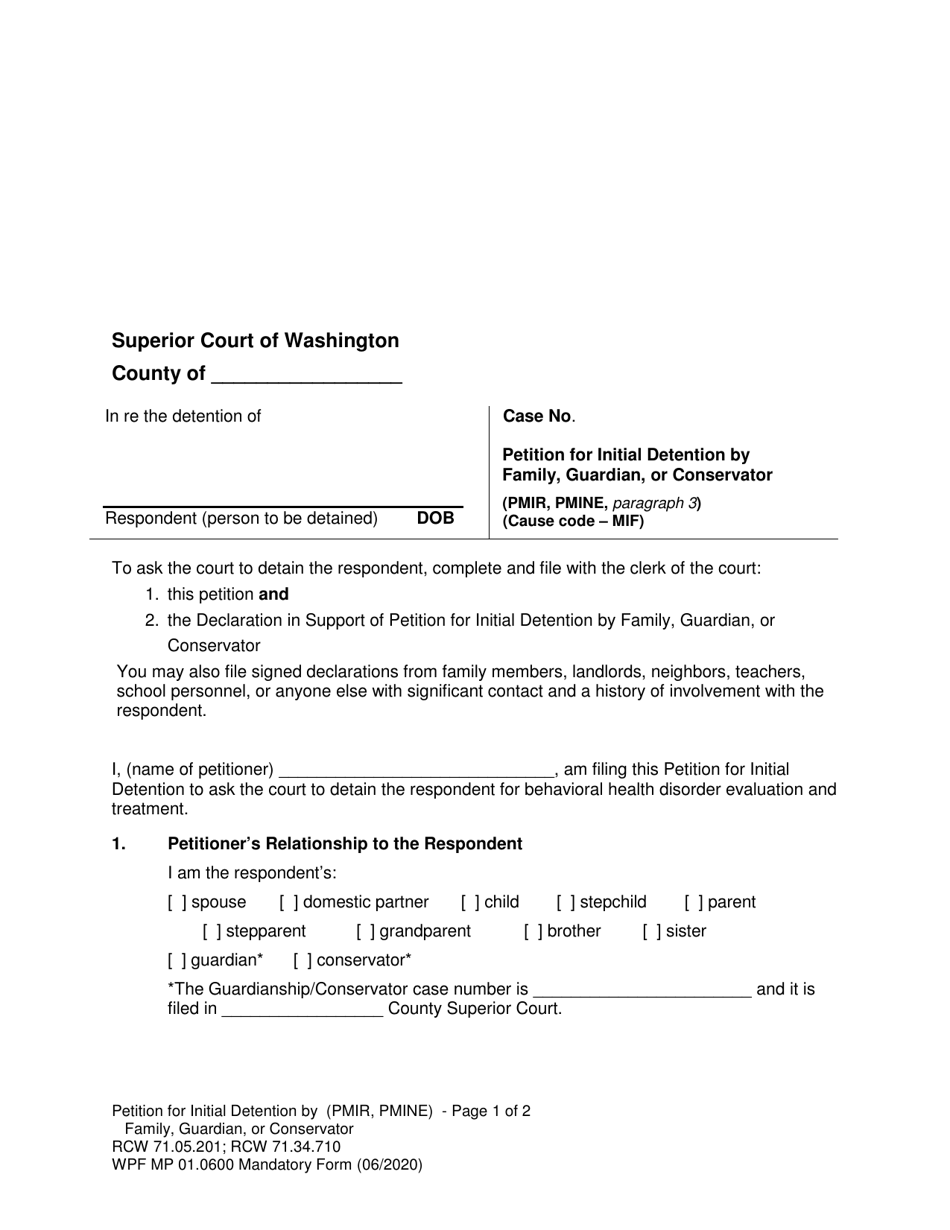 Form MP01.0600 Joels Law Petition for Initial Detention by Family, Guardian, or Conservator - Washington, Page 6