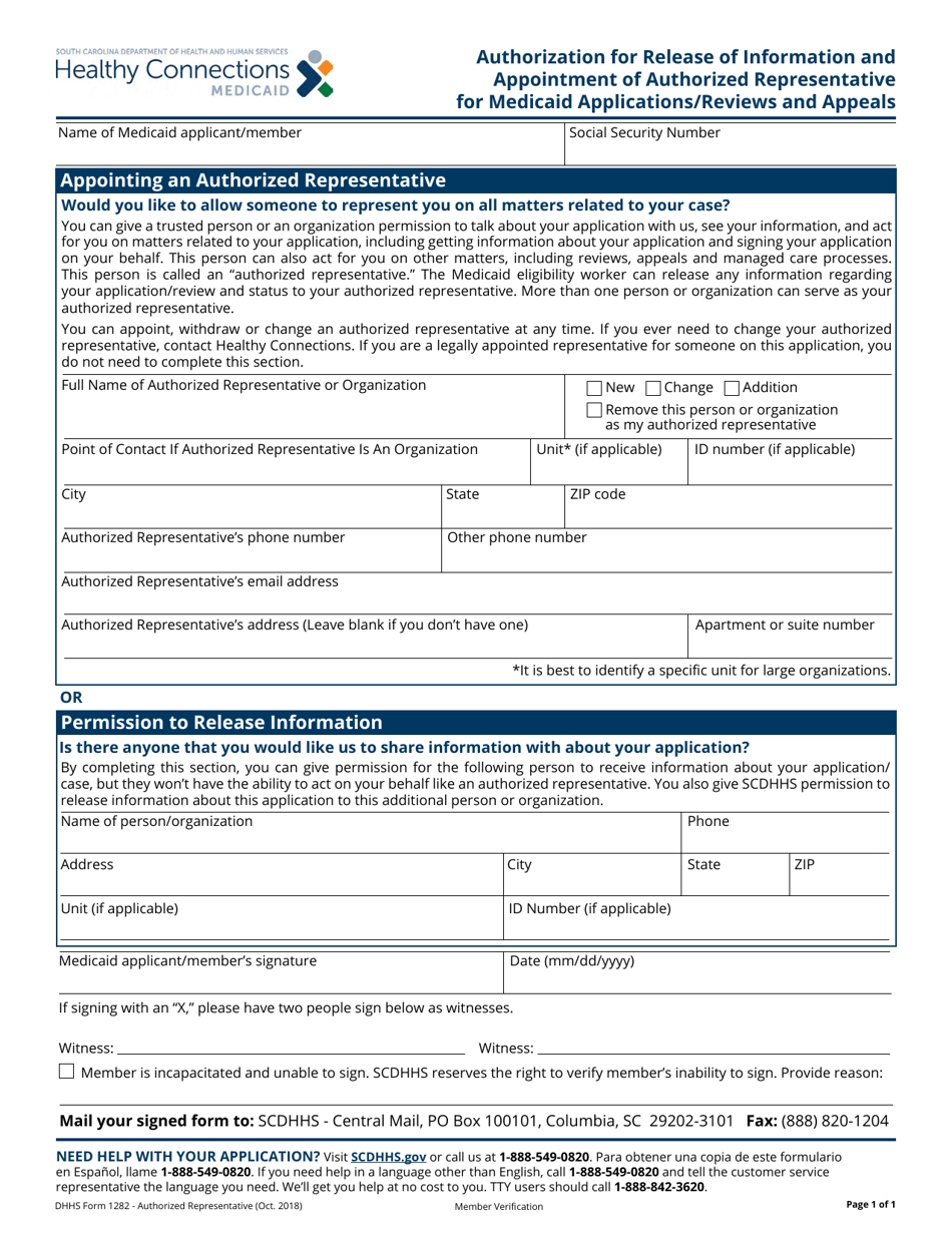 DHHS Form 1282 Download Fillable PDF or Fill Online Authorization for