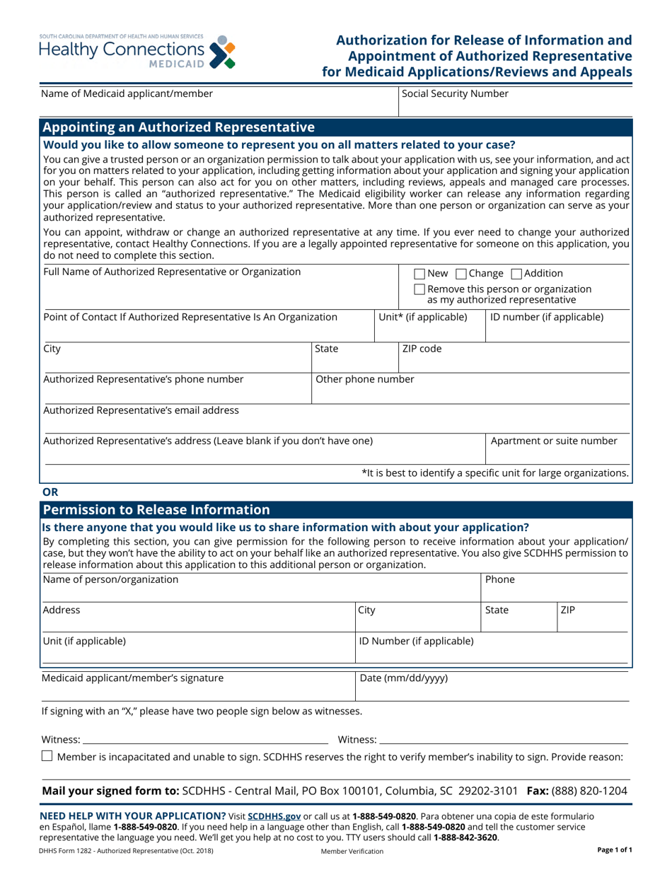 DHHS Form 1282 Authorization for Release of Information and Appointment of Authorized Representative for Medicaid Applications / Reviews and Appeals - South Carolina, Page 1