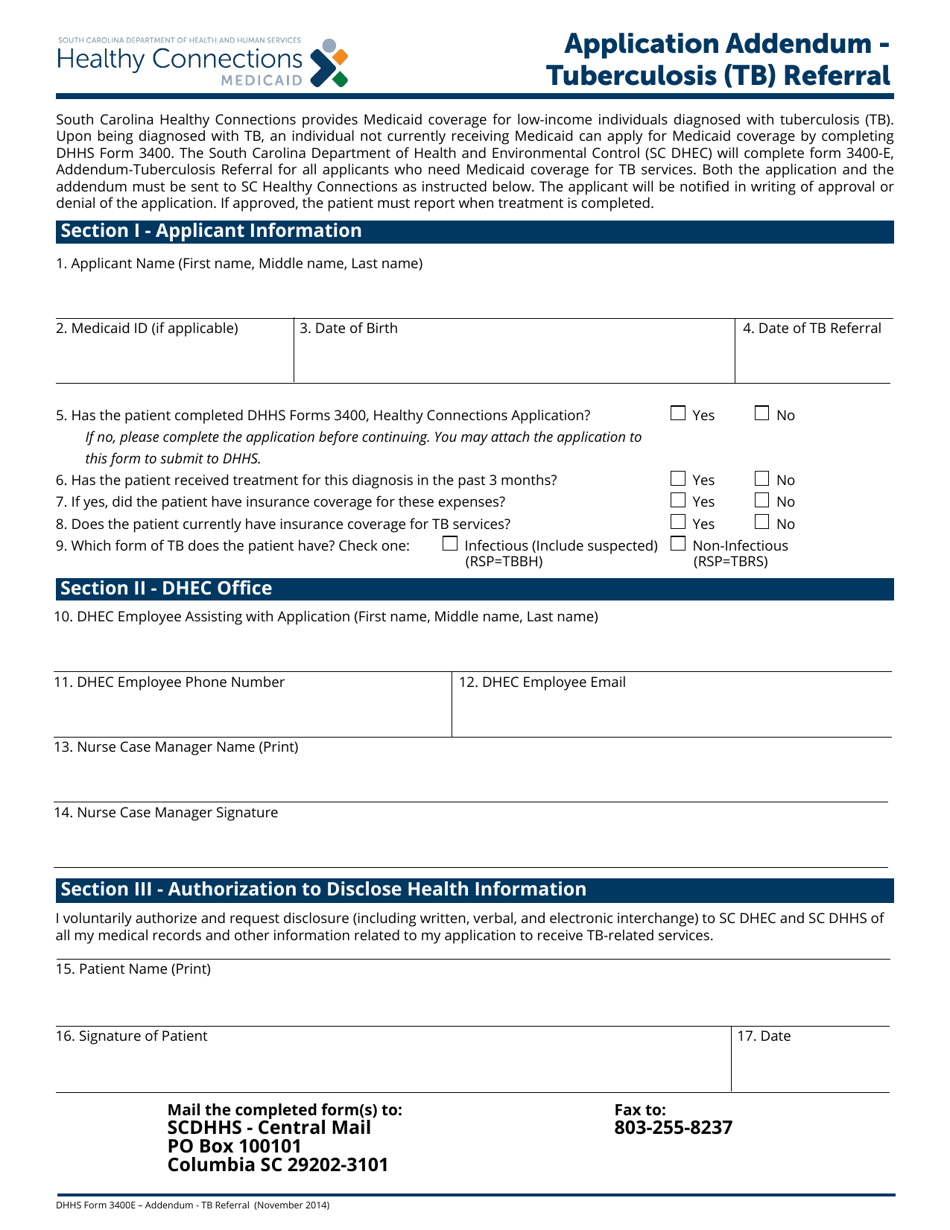 DHHS Form 3400-E Application Addendum - Tuberculosis (Tb) Referral - South Carolina, Page 1