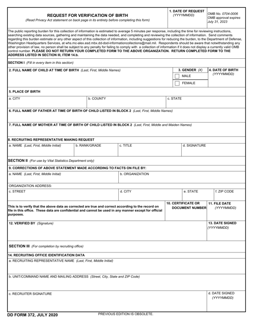 DD Form 372 Request for Verification of Birth