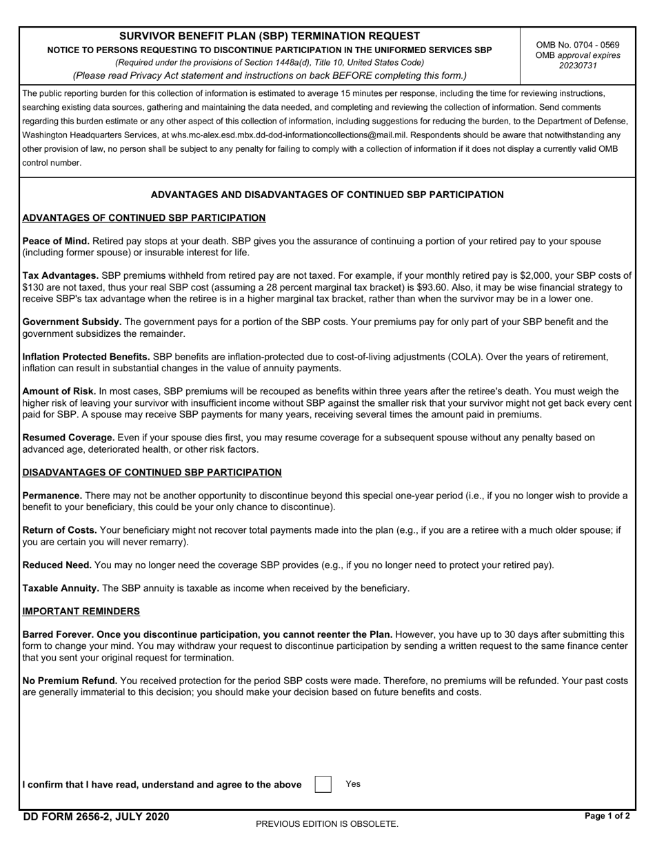DD Form 2656-2 Survivor Benefit Plan (SBP) Termination Request, Page 1