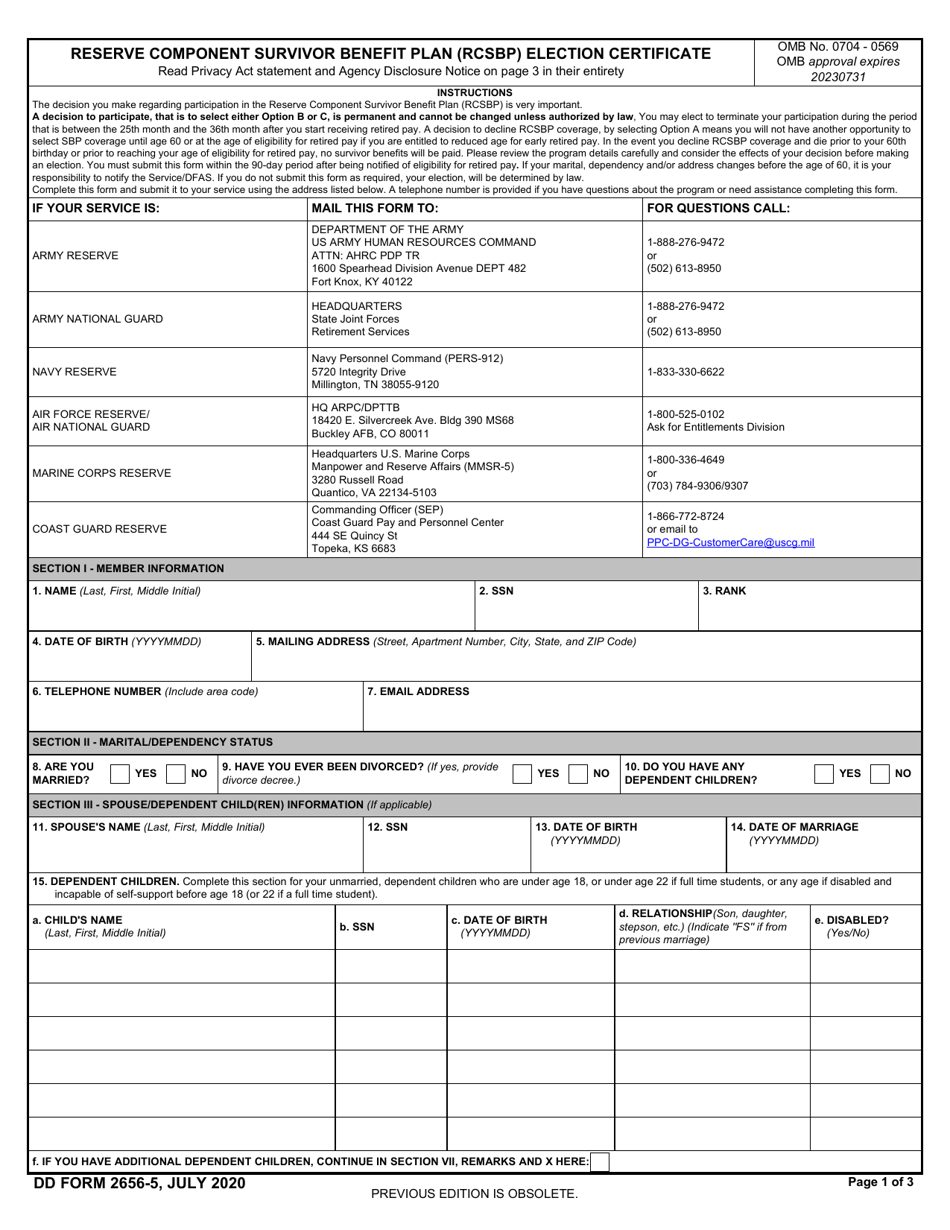 DD Form 2656-5 Reserve Component Survivor Benefit Plan (RCSBP) Election Certificate, Page 1