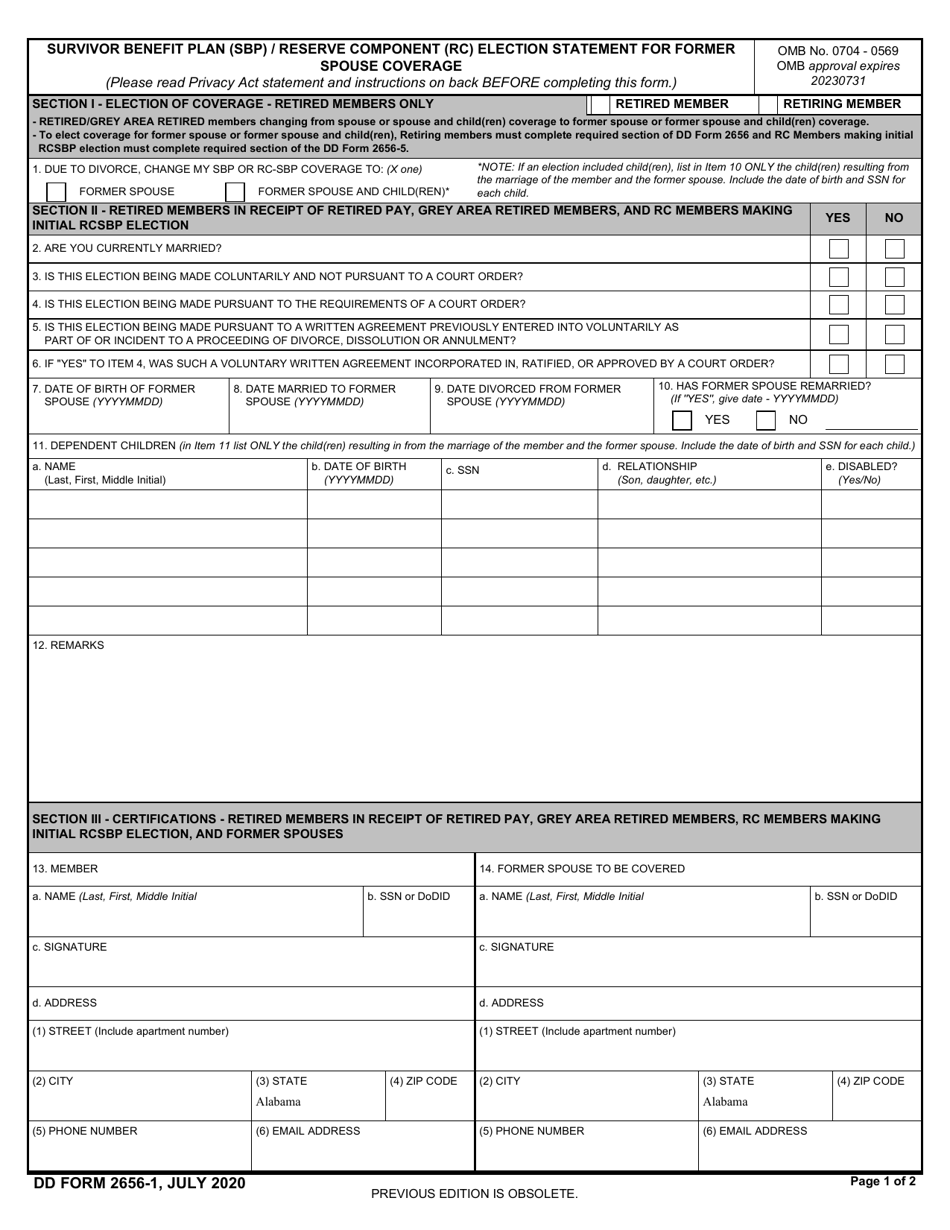 DD Form 2656-1 Survivor Benefit Plan (SBP) / Reserve Component (RC) Election Statement for Former Spouse Coverage, Page 1