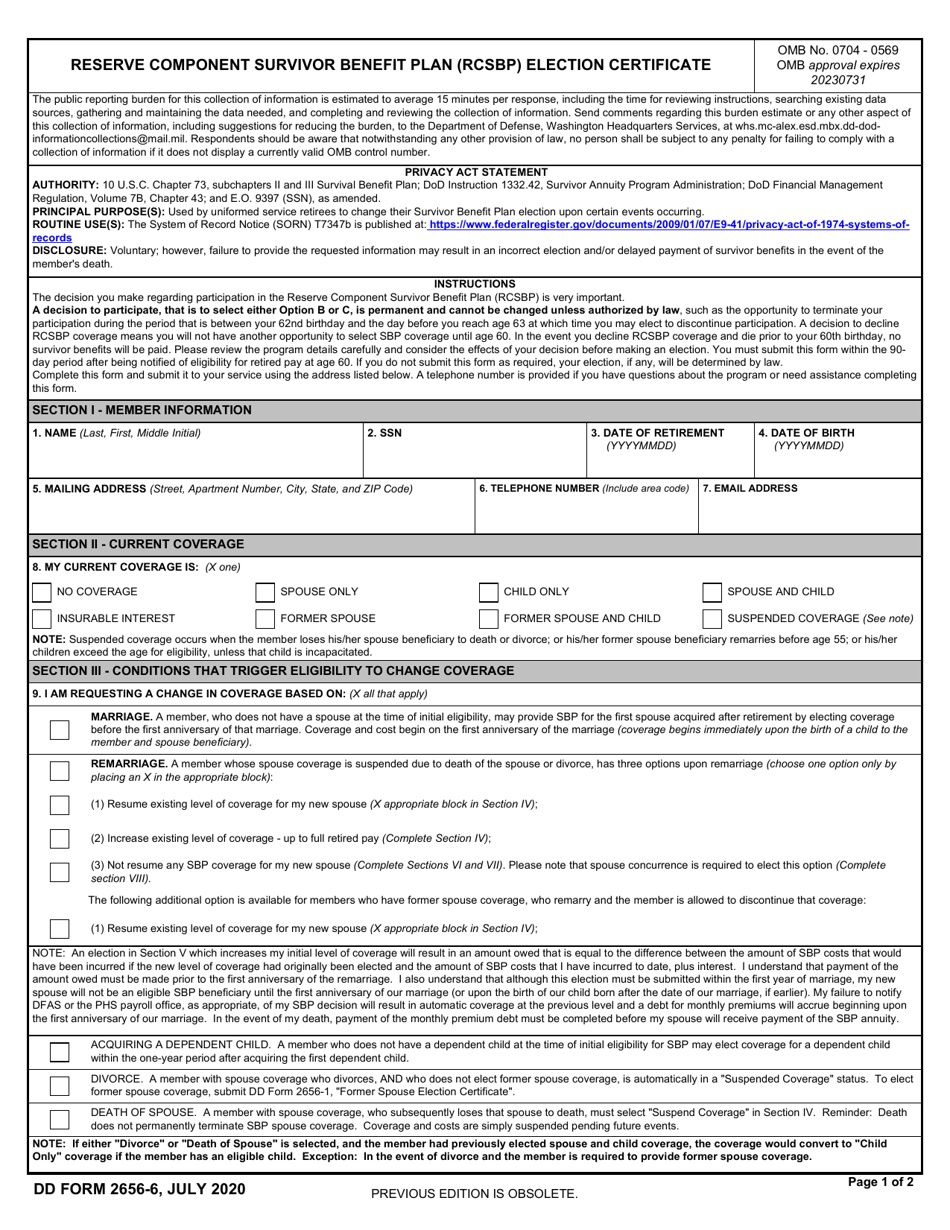 DD Form 2656 6 Download Fillable PDF Or Fill Online Reserve Component Survivor Benefit Plan