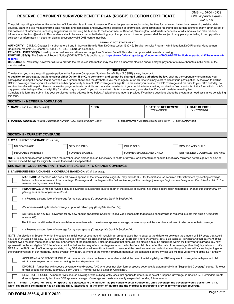 DD Form 2656-6 Reserve Component Survivor Benefit Plan (RCSBP) Election Certificate, Page 1