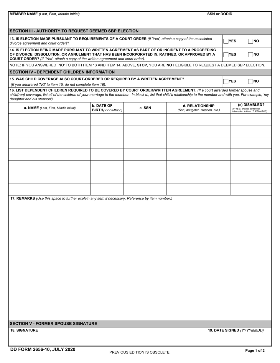 Dd Form 2656 10 Download Fillable Pdf Or Fill Online Survivor Benefit