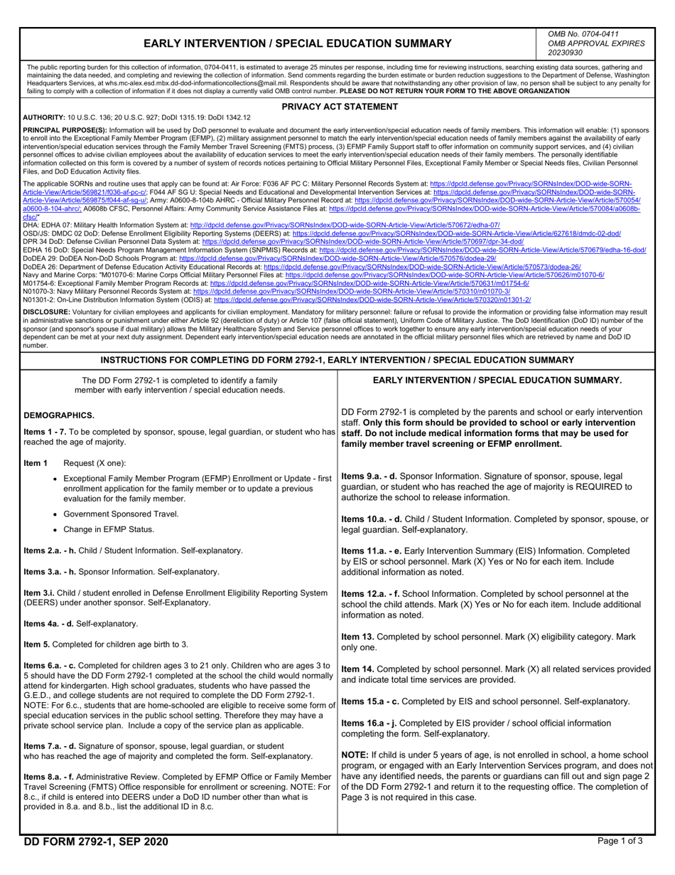 DD Form 2792-1 Early Intervention / Special Education Summary, Page 1