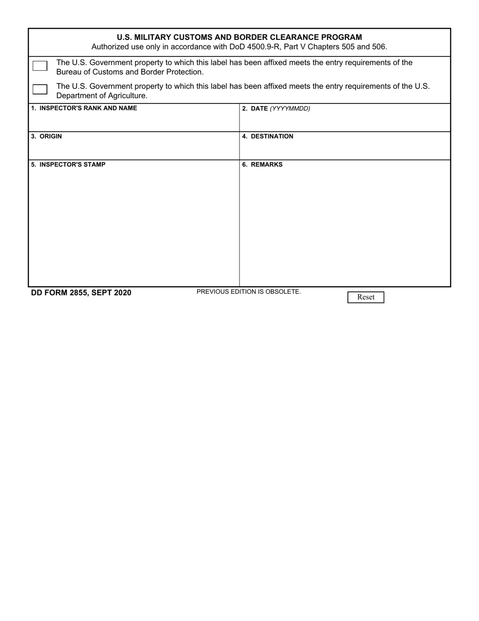 DD Form 2855 U.S. Military Customs and Border Clearance Program, Page 1