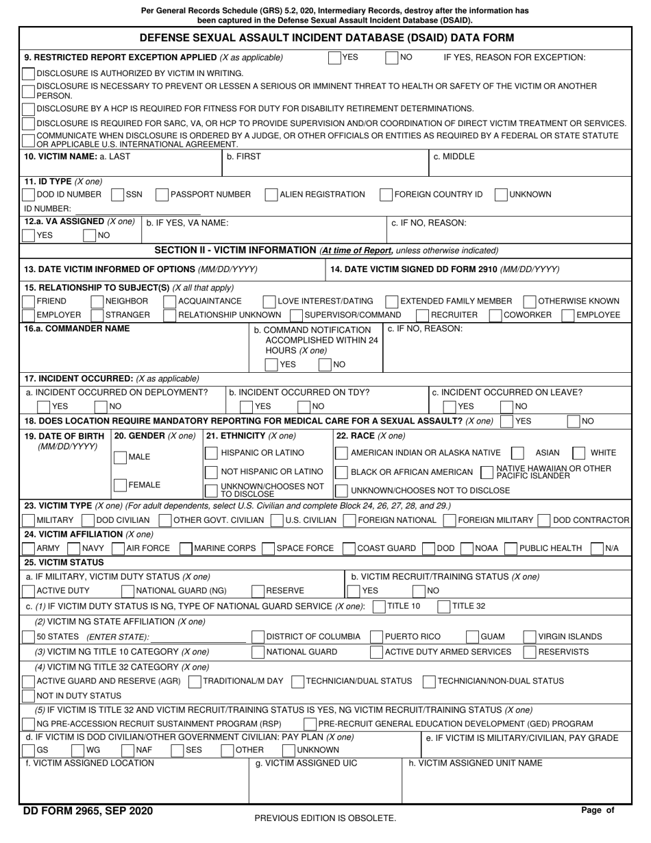 DD Form 2965 Download Fillable PDF or Fill Online Defense Sexual ...