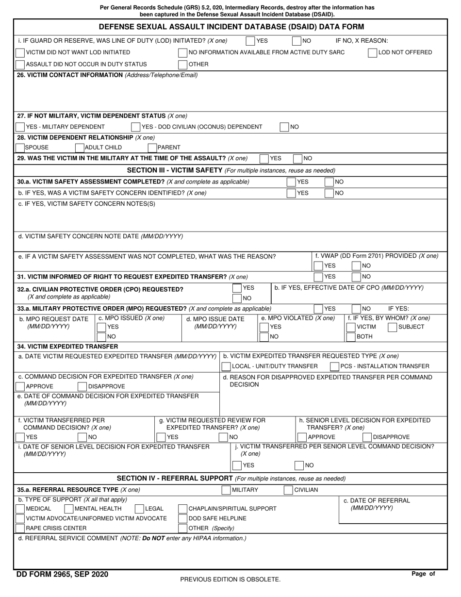 DD Form 2965 Defense Sexual Assault Incident Database (Dsaid) Data Form, Page 3