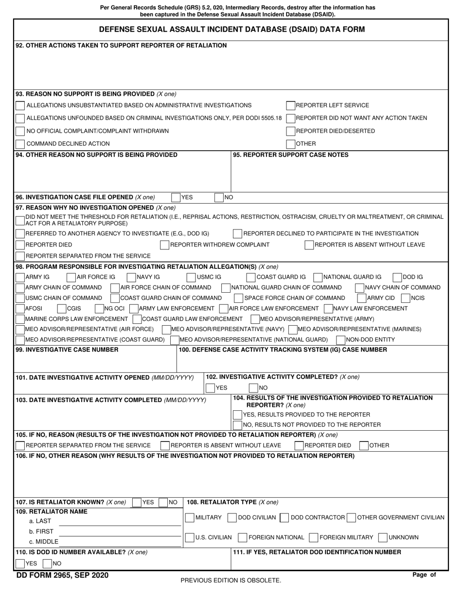 DD Form 2965 Defense Sexual Assault Incident Database (Dsaid) Data Form, Page 8