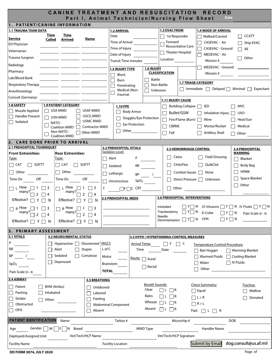DD Form 3074 Canine Resuscitation Card, Page 1