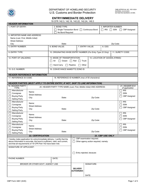 CBP Form 3461  Printable Pdf