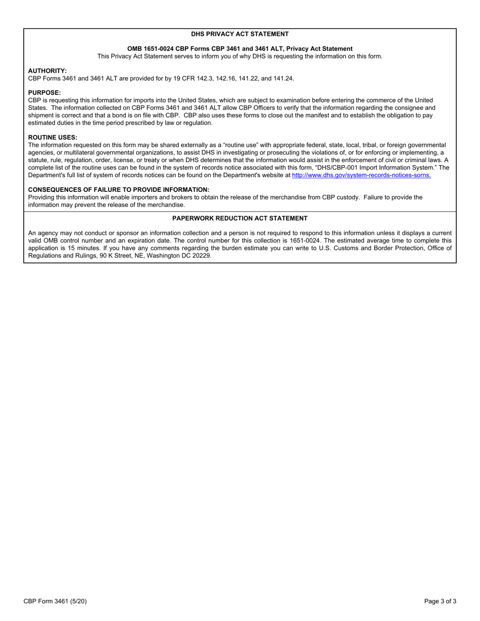 CBP Form 3461 Entry / Immediate Delivery, Page 3